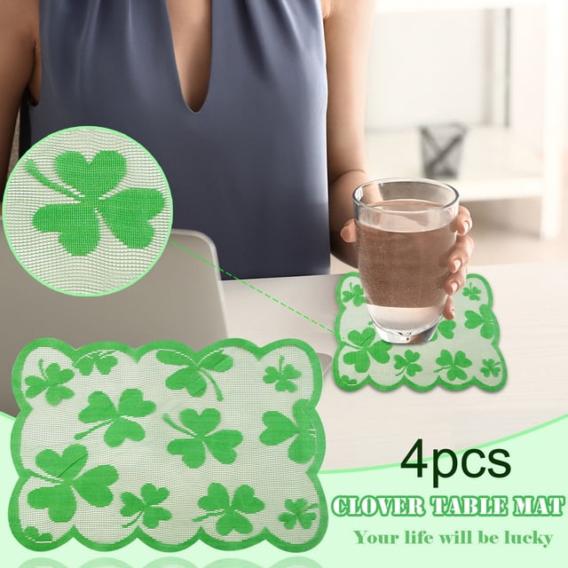 4 banderas de mesa irlandesas para el Día de San Patricio, decoradas con manteles individuales.