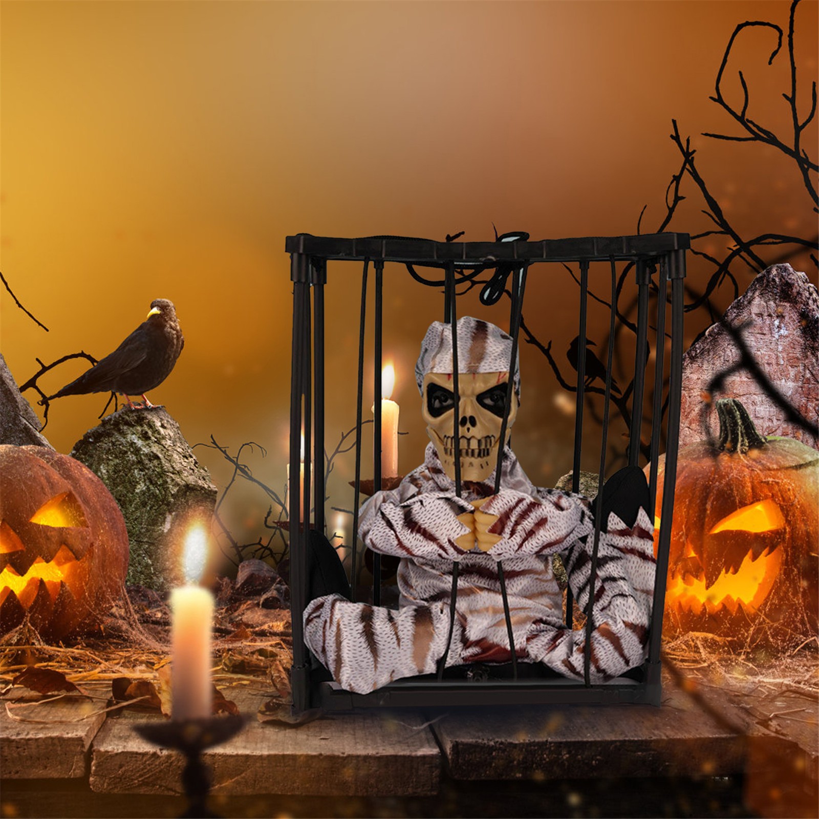 LGHDIWN Screaming Halloween Decorations, Animated Halloween Decor,Scary Skull Cage Prop with Motion Activated, Spooky Hanging Ghost Light Up Eyes for Haunted House Indoor Outdoor Decor