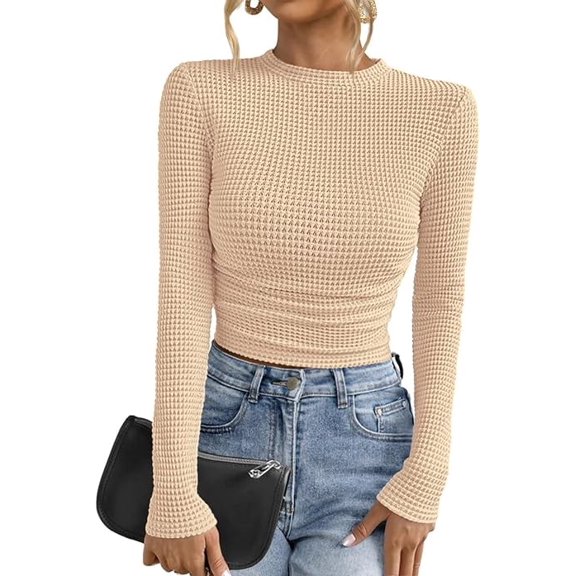PRETTYGARDEN Womens Tops Fall Long Sleeve Fitted T Shirts Waffle Ruched Crop Shirt Basic Knit Workout Y2k Clothes