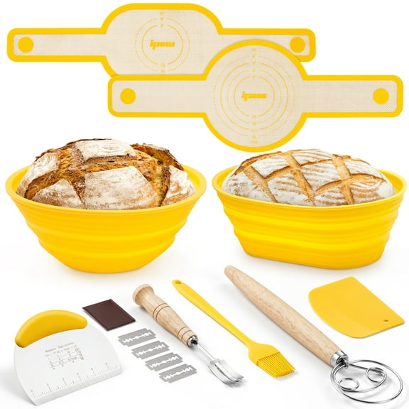 15Pcs Bread Proofing Basket Set - Including 9" Round & 10" Oval Bannetons, Round & Oval Silicone Mat, Bread Lame, Danish Whisk, Silicone Brush, Bowl & Dough Scrapers