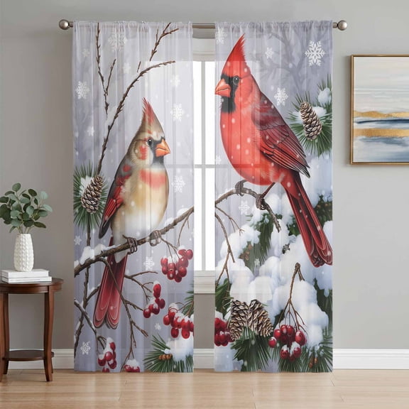 Christmas Cardinal Sheer Curtains 63 Inch Length 2 Panels Set, Winter Farmhouse Red Bird Berry Needle Voile Window Treatment Curtains Sheers Drapes for Bedroom/Living Room/Kitchen 52x"63"x2