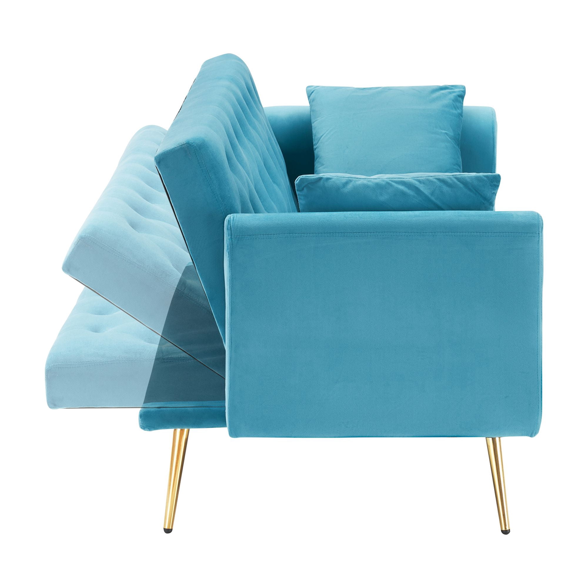Leumius Velvet Futon Sofa Bed,Convertible Sleeper Couchwith Adjustable Backres & 2 Pillows for Small Spaces,Living Room,Light Blue
