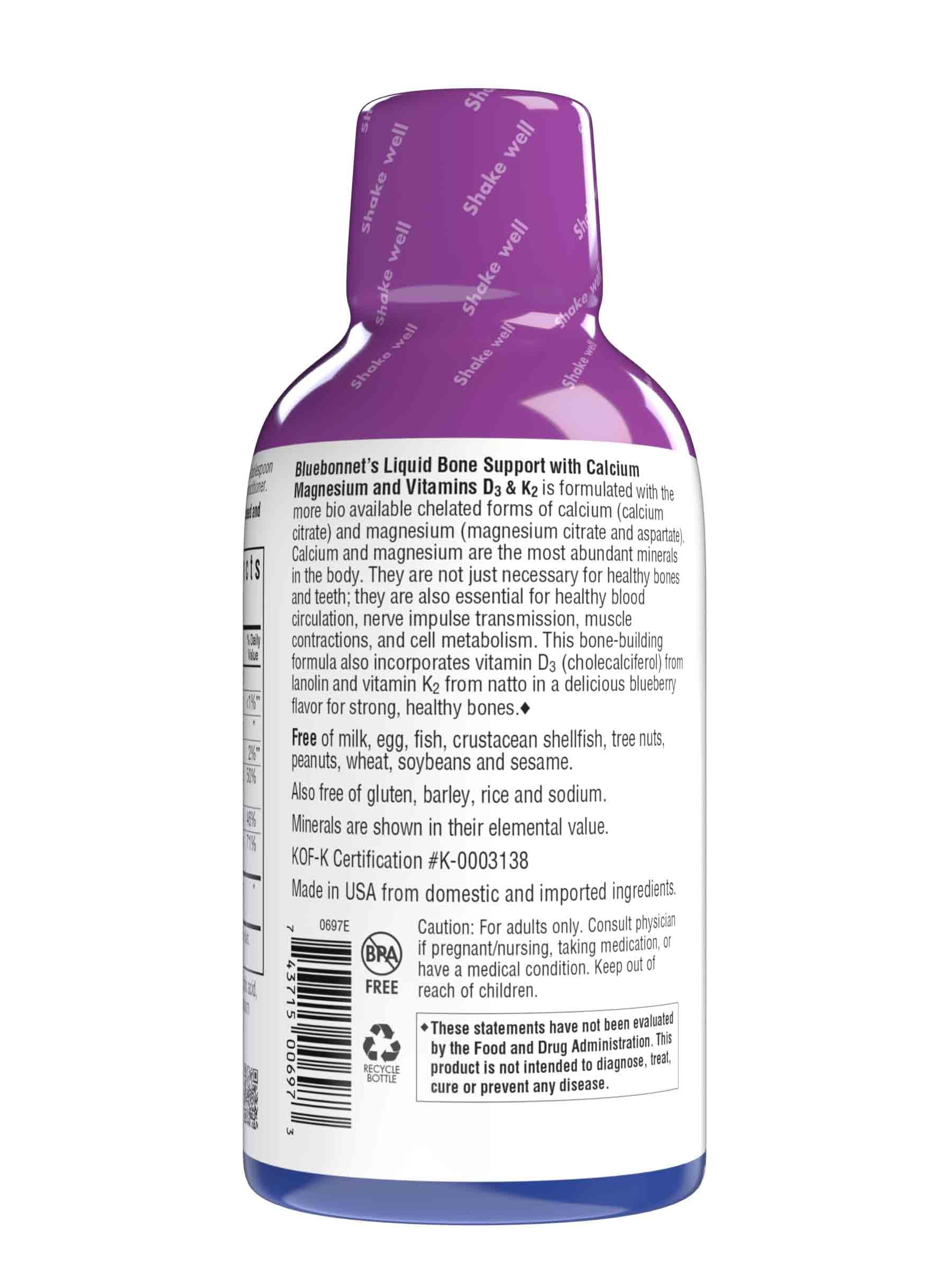 Bluebonnet Liquid Bone Support Calcium & Magnesium Citrate Vitamin D3 K2 32 Days Blueberry