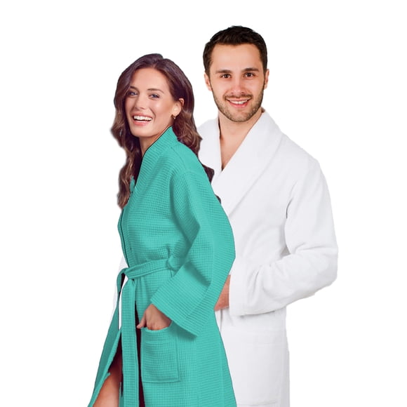 Canadian Linen Aegean Turkish Cotton & Waffle Terry Women Soft Bath robe Set - Shawl Collar Robe - 100% Cotton Light Weight Sleepwear Two Large Pockets Men Bathrobe, Medium, White & Teal