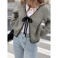 thumbnail image 4 of Suéteres Tipo Cárdigan con Lazo para Mujer, de Punto Grueso, con Mangas Largas Abullonadas, Modernos Abrigos para Otoño e Invierno. Gris XL, 4 of 5