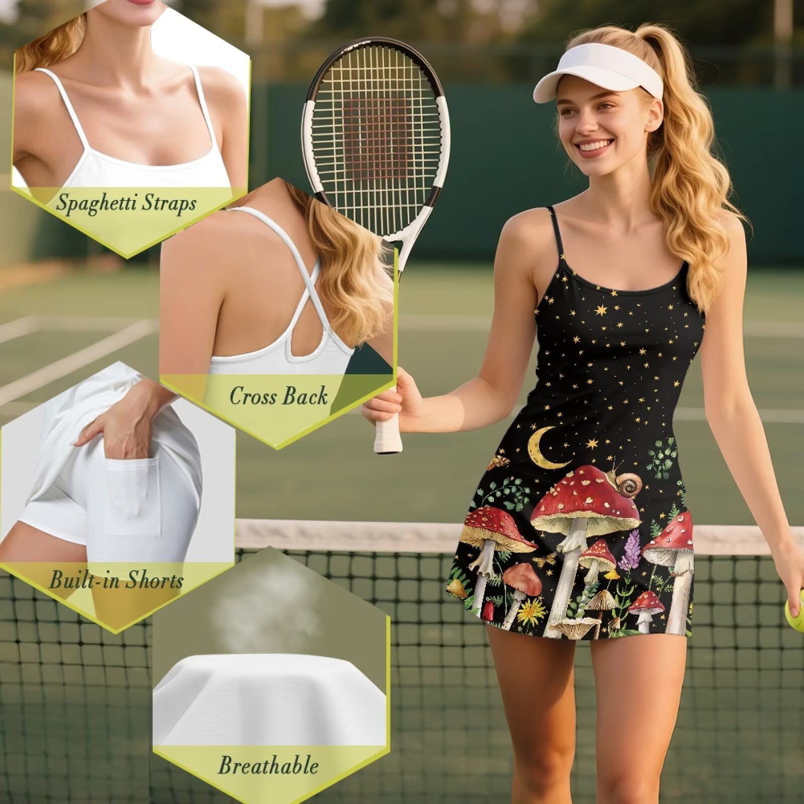 Yuyamidu Aesthetic Mushroom Women Athletic Dress Summer Tennis Golf Dress for Women Size XS Starry Sky Workout Active Sports Dresses and Built in Shorts with Pocket