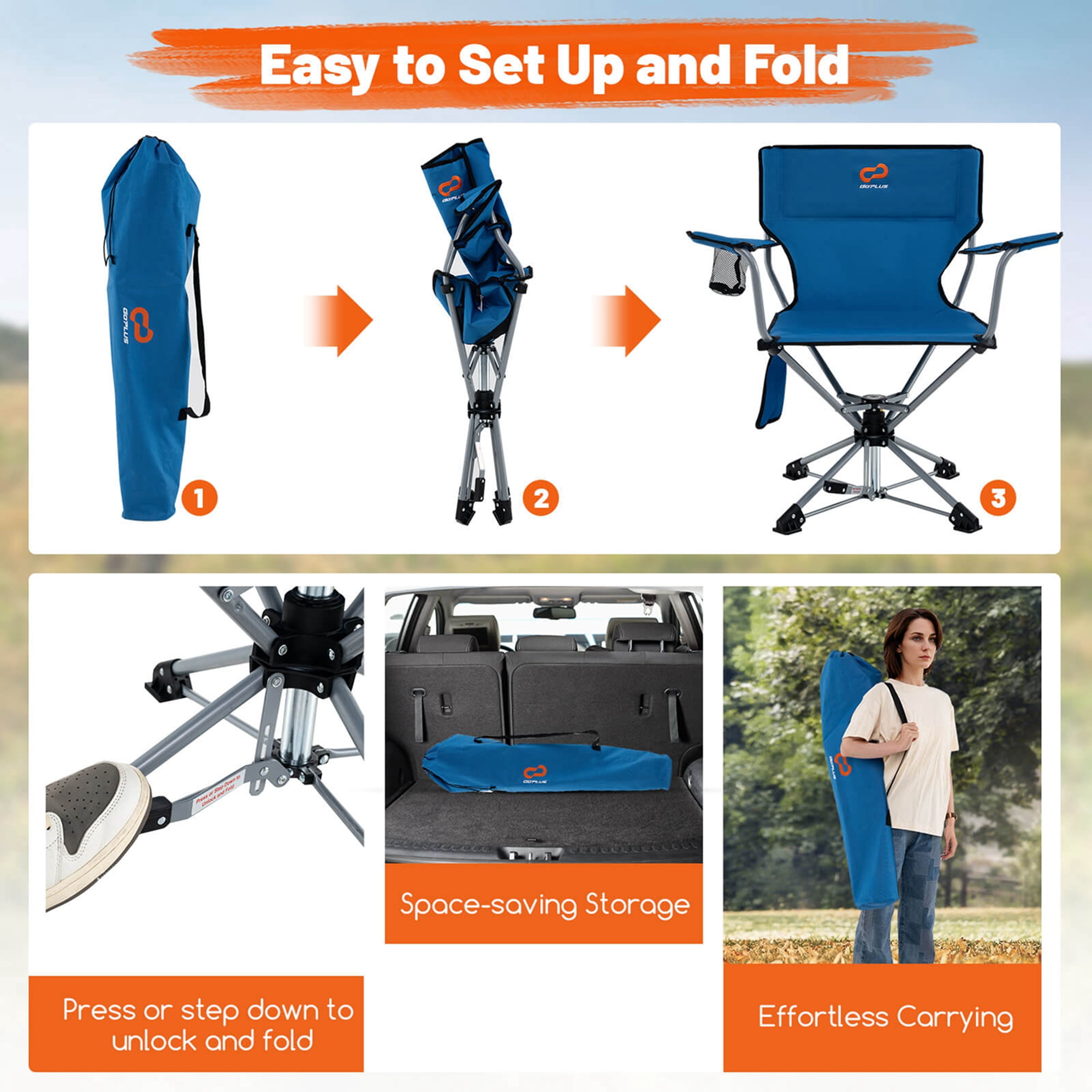 Goplus 360° Swivel Hunting Chair with Mesh Cup Holder & Storage Pockets Cozy Backrest Blue