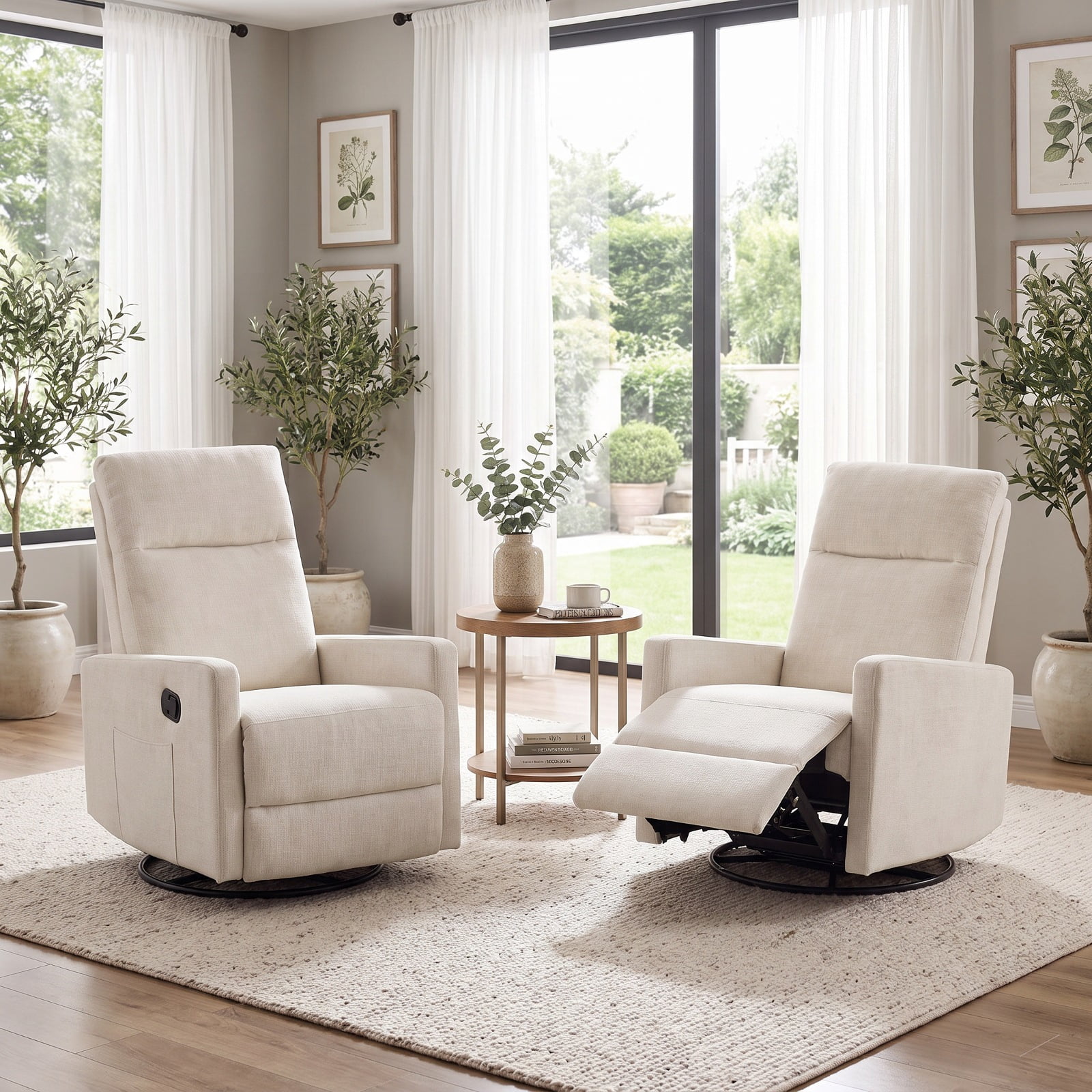 Furnibear Swivel Rocking Chair with 360 Degree Base Reclining Backrest and Extending Footrest for Nursery and Living Room, Beige