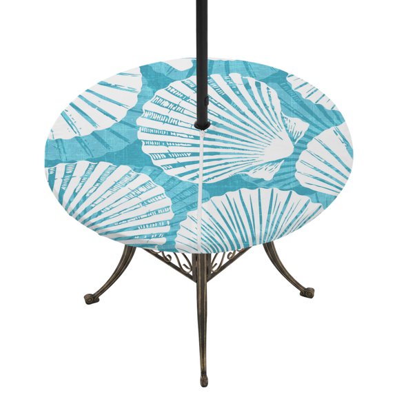 Round Outdoor Tablecloth with Umbrella Hole and Zipper, Turquoise Scallop Coastal Tablecloth with Elastic Waterproof, Summer Beach Nautical Patio Table Covers for 45" - 54" Picnic Pool Tables