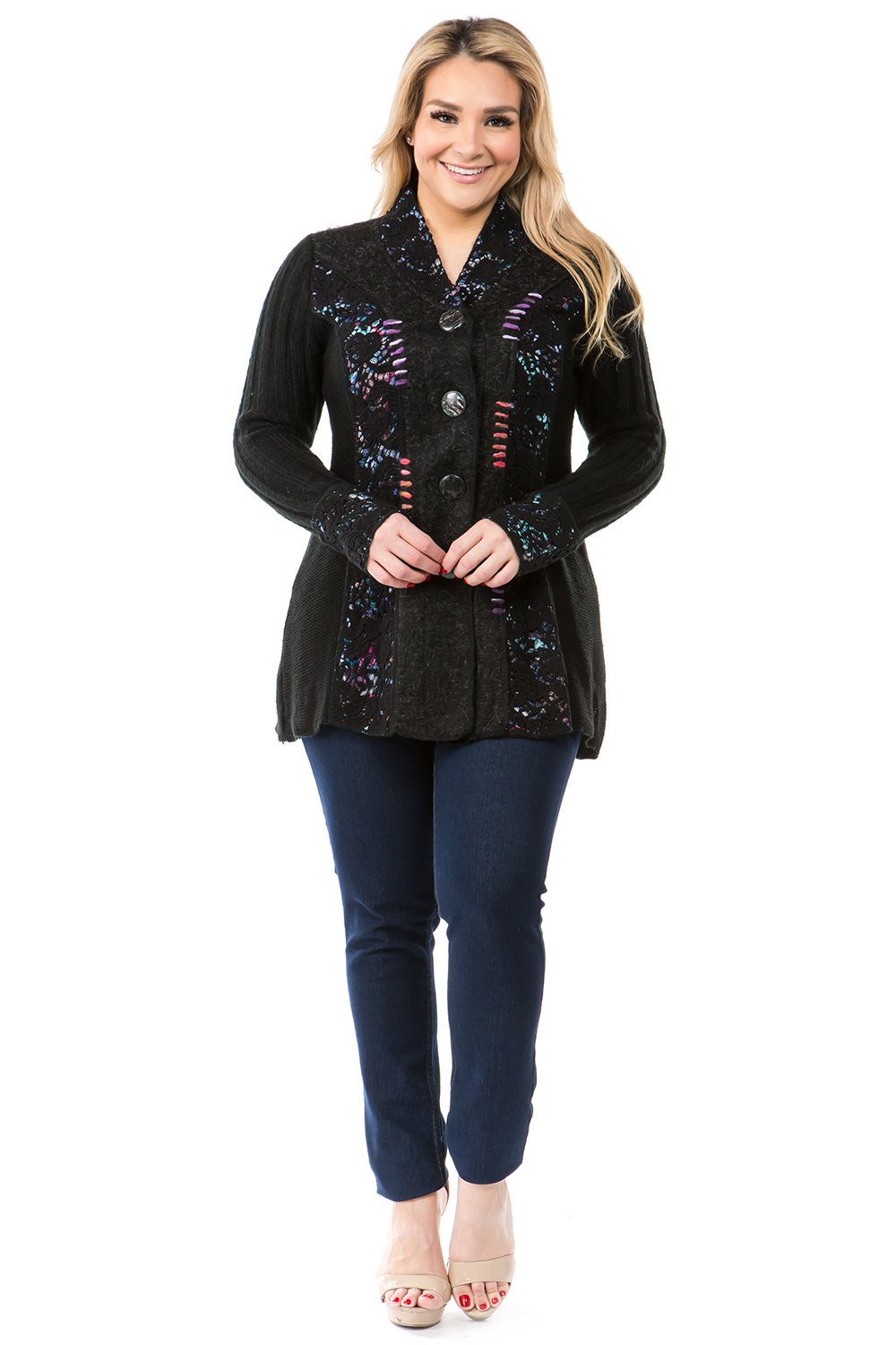 Women's Black Patchwork Lace Button Down Cardigan Coat Sweater - image 3 of 5