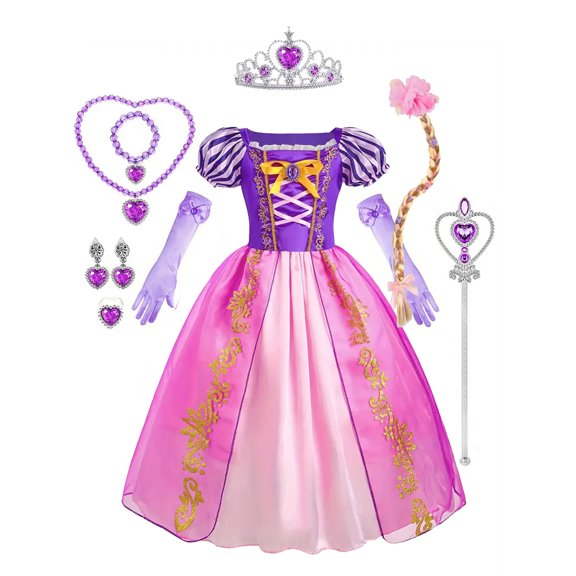 WIBACKER 3-8Y Girls Princess Dress Up With Crown Necklace And Ring For Birthday Party Halloween Christmas Costume Performance Dress Jewelry Wig Set