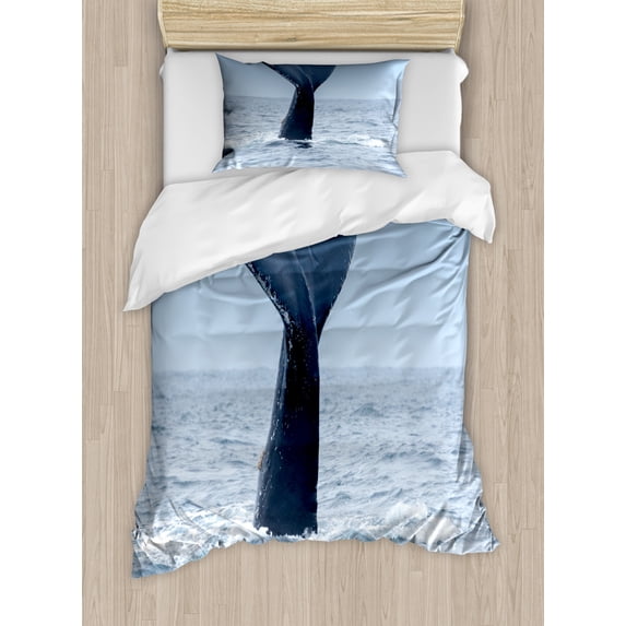 Ecuador Duvet Cover Set Twin Size, Humpback Whale Tail in Puerto Lopez Wild Nature Nautical Photo, Decorative 2 Piece Bedding Set with 1 Pillow Sham, Blue Grey and Dark Slate Blue, by Ambesonne