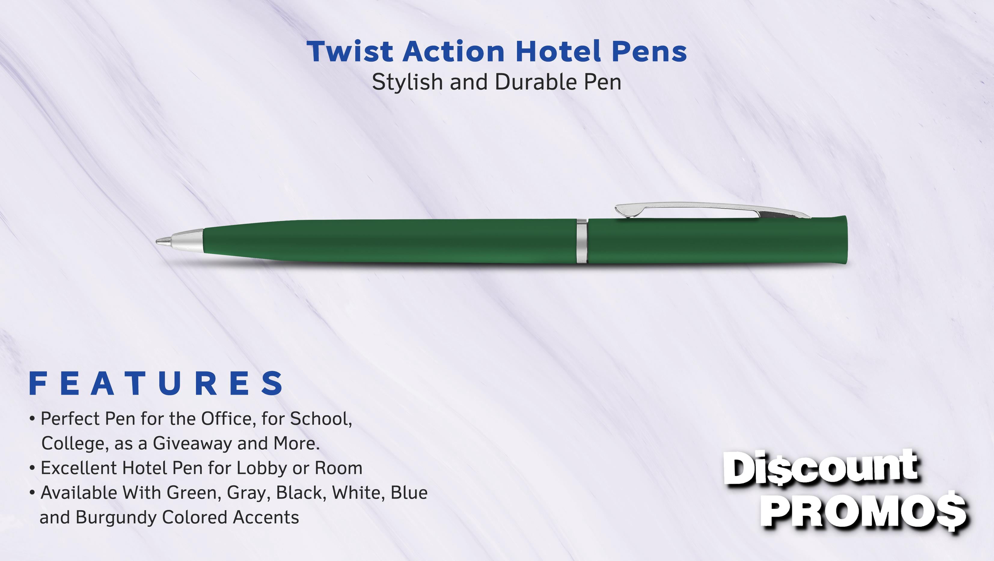 10 Twist Action Hotel Pens Pack - Plastic, Black Ink - Green