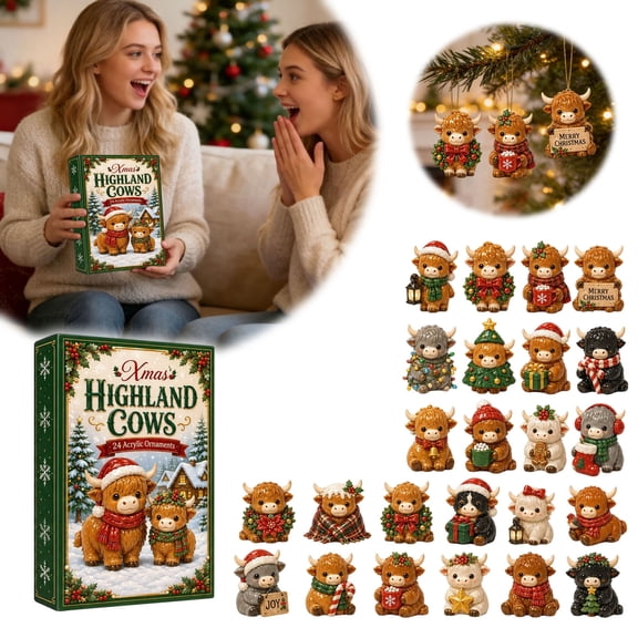 24 Pcs Christmas Highland Cow Acrylic Ornaments, Double‑Sided Flat Hanging Decor Set, Cute Cow Christmas Tree Ornaments with Gift Box for Holiday Home Decoration 26x18cm