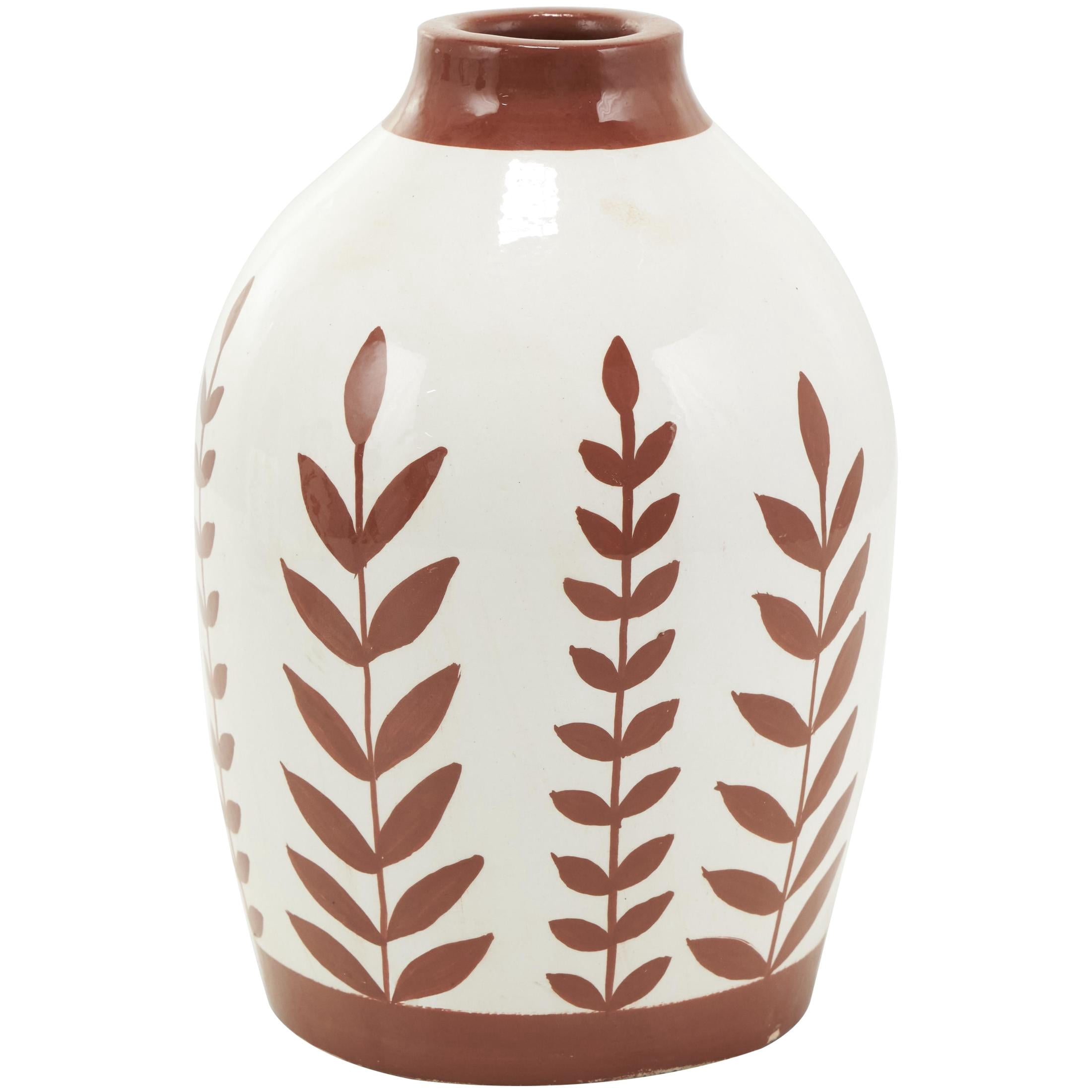 DecMode 6"W, 9"H Floral White Ceramic Vase with Terracotta Colored Detailing, Set of 3
