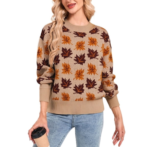 Pullover Sweaters for Women Y2K Maple Leaves Print Crewneck Fall Winter Halloween Knitted Sweaters Warm Long Sleeve Jumper Tops Alsol Lamesa