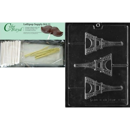 Lollipop Lollipop Mold Cybrtrayd 45StK25G-M155 Eiffel Tower Lolly Chocolate Candy Mold with Lollipop Supply Kit, 25 Lollipop Sticks, 25 Cello Bags and 25 Gold Metallic Twist Ties ()