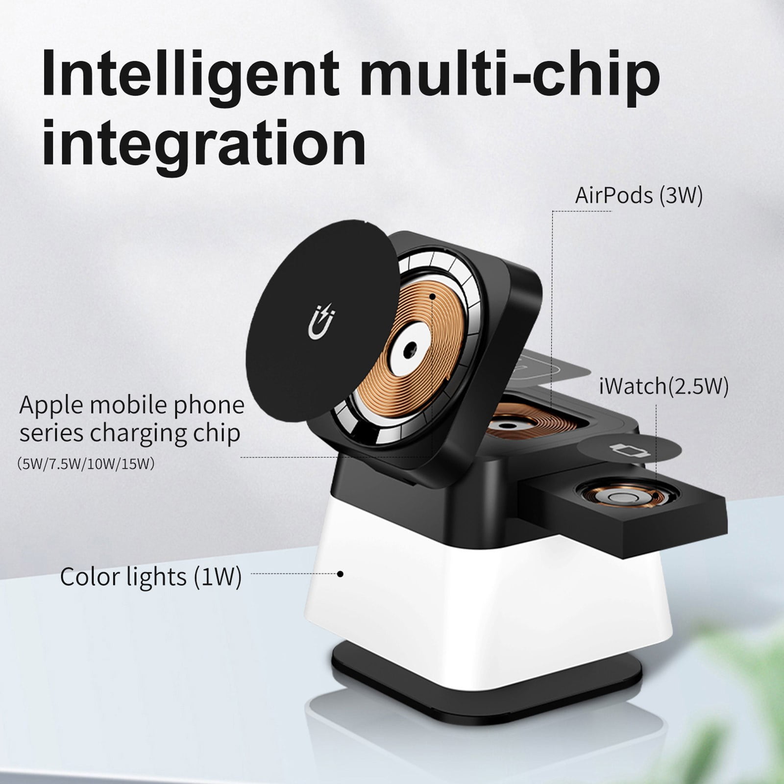 Kchsji Rotating Folding Four-in-One Desk Lamp With Wireless Charger 15W Fast Charging Magnet Adsorption Three Lighting Modes for Phone Watch Earphone Charging Home Office Study Room Bedroom Decor