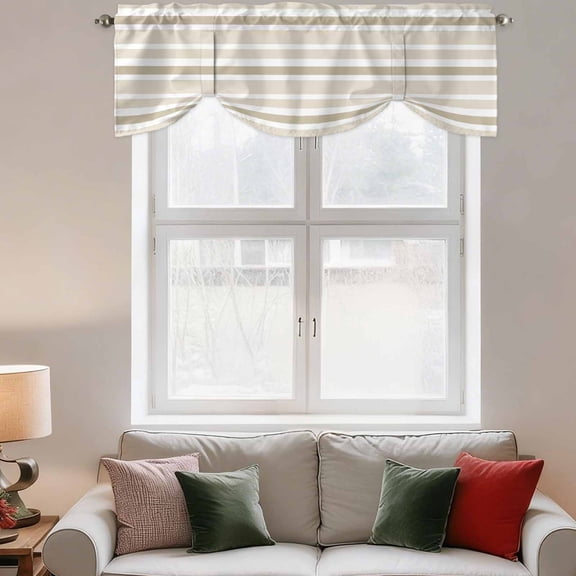 Tie Up Valance Curtain for Kitchen, Minimalist Stripes Rod Pocket Short Curtains Adjustable Tie-Up Shade Valances, Khaki Beige White Striped Window Treatment for Bedroom Bathroom 60x18in