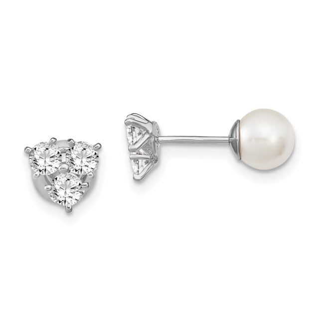 925 Sterling Silver White 5 6mm Simulated Shell Pearl Cubic Zirconia Cz Reversible Stud Earrings Ball Button