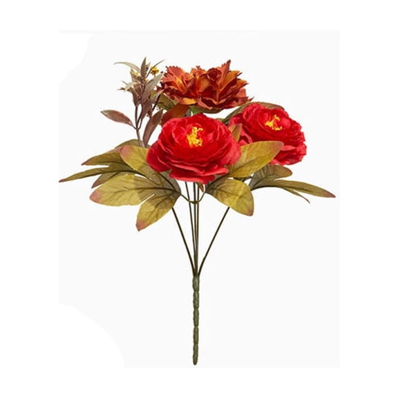 Lenkho Artificial Silk Peony Bouquet, Fall Orange Red Faux Flower Stems, Vivid Floral Bush Arrangement, Ideal for Vase Decor, Wedding and Home Table Ornament
