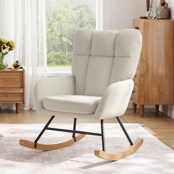 Someet Nursery Rocking Chair, Upholstered Rocking Accent Chair with High Backrest, Comfortable Rocker with Padded Seat for Living Rooms, Bedrooms, Offices, Beige