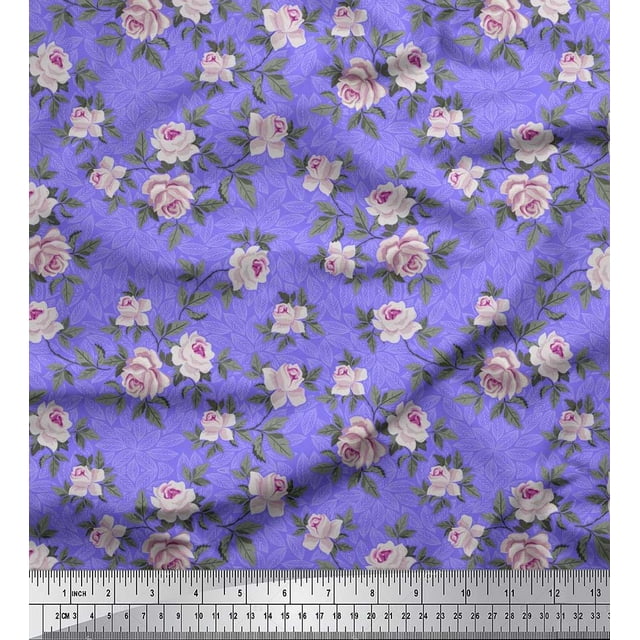 Soimoi Rayon Fabric Leaves & Rose Floral Decor Fabric Printed Yard 42 Inch Wide