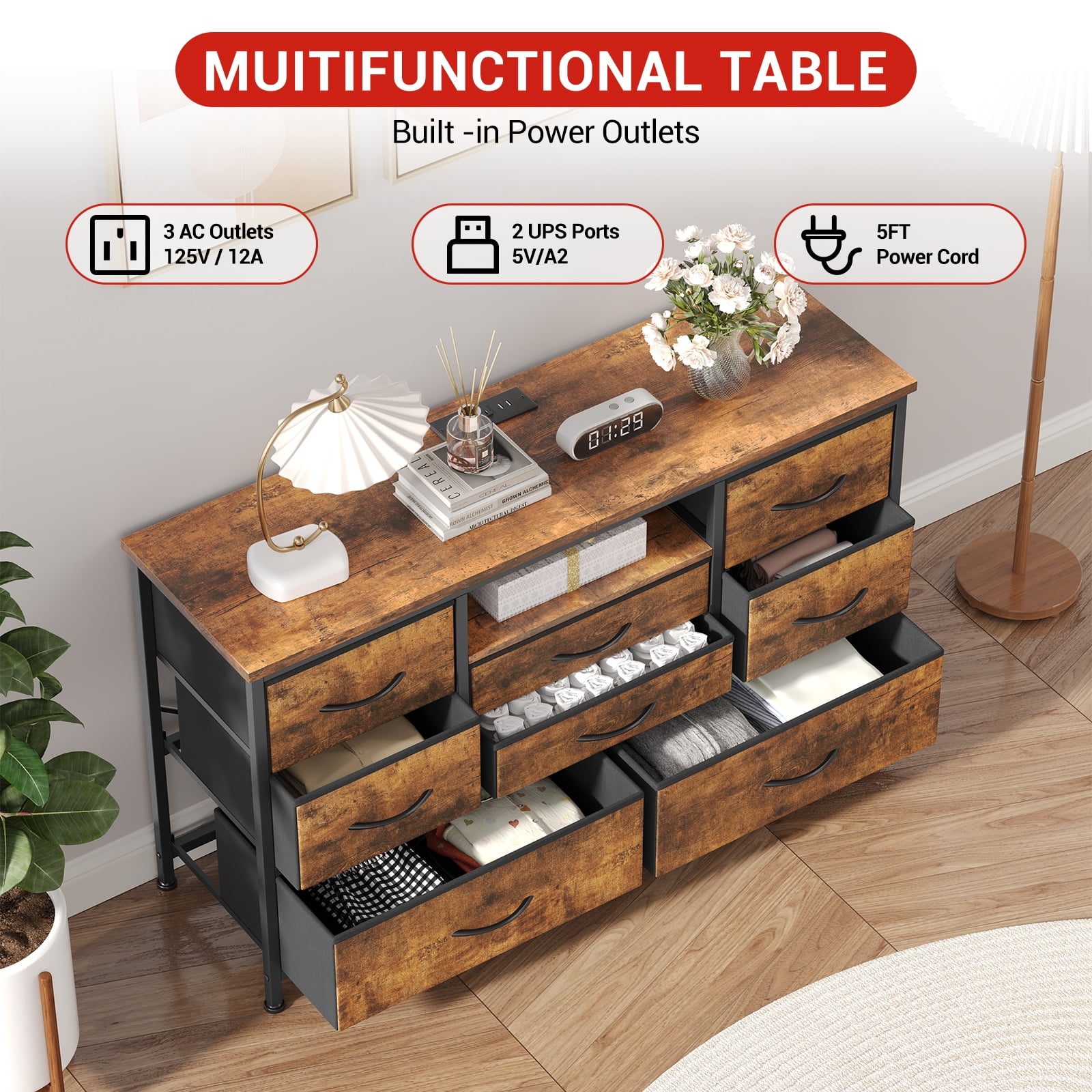KOKEBREN 47.4"Wide Dressers for Bedroom 8 Fabric Drawers Dresser with LED lights & Power Outlet TV Stand for 55" TV,Rustic Brown