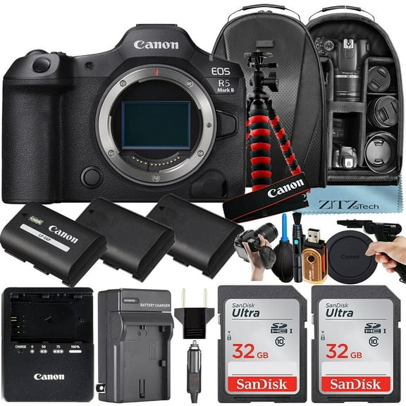 Canon EOS R5 Mark II Mirrorless Camera (Body Only) with 2 Pack 32GB SanDisk Memory Card   3 Pieces Battery   Backpack   Tripod   ZeeTech Accessory Bundle