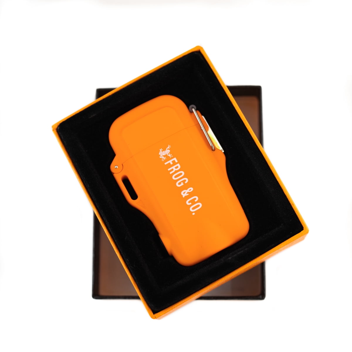 Tough Tesla Lighter 2.0 – Waterproof Windproof Flameless Top-Facing Dual Arc Plasma USB Rechargeable Electric w/Built-in Flashlight, Camping, Hiking, Survival Fire Starter by Frog & Co. (Orange)