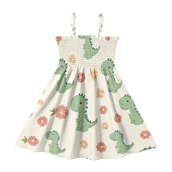 Dinosaur Flower Girls' Casual Dresses 2Y-8Y Sleeveless Ruffle Neck for Summer Daily Wear