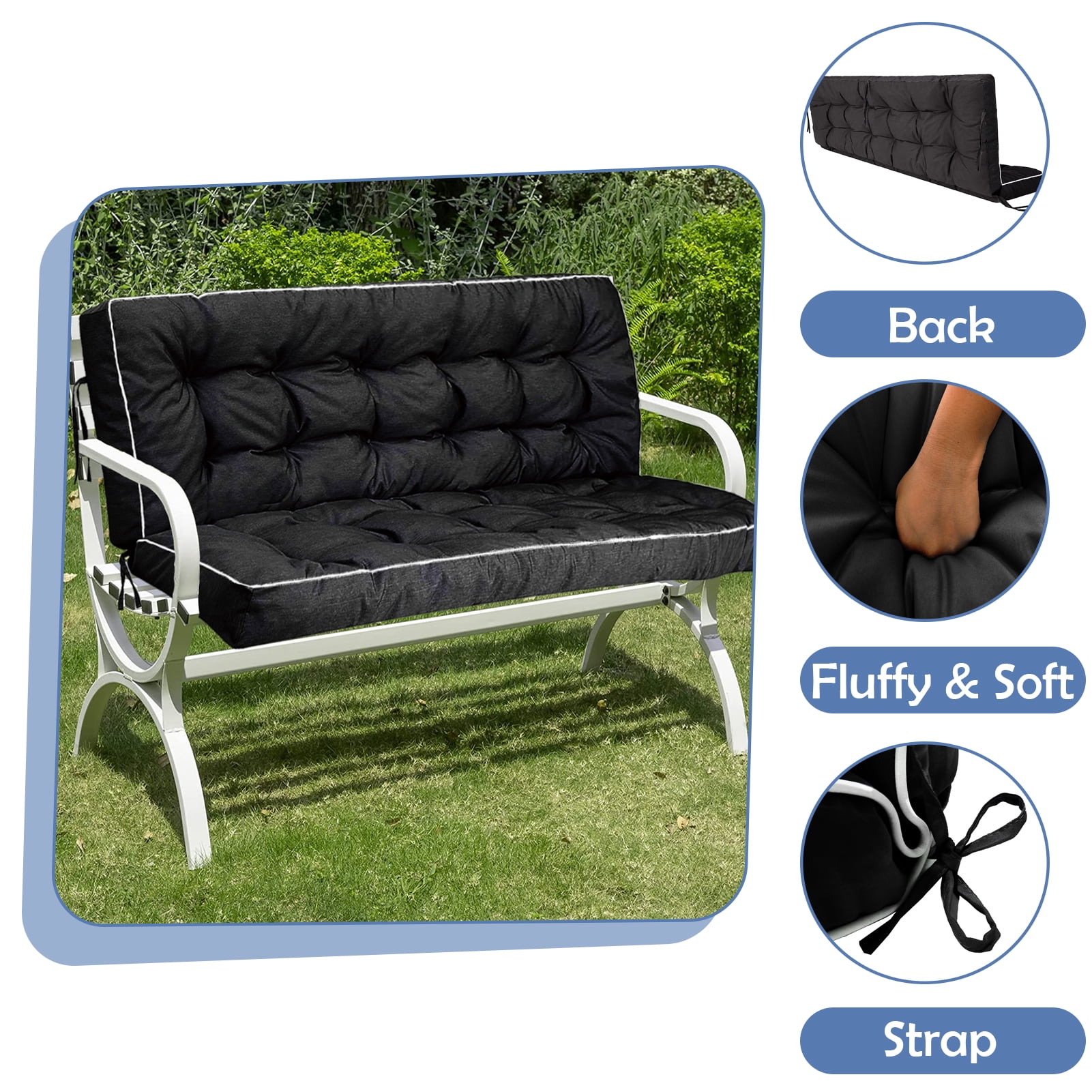 Porch Swing Cushions 55in, Swing Cushions 3 Seater Replacement with Backrest, Thicken 4" Waterproof Bench Pad Cushions, Outdoor Loveseat Cushions Non-Slip Chairs Pad (Black)