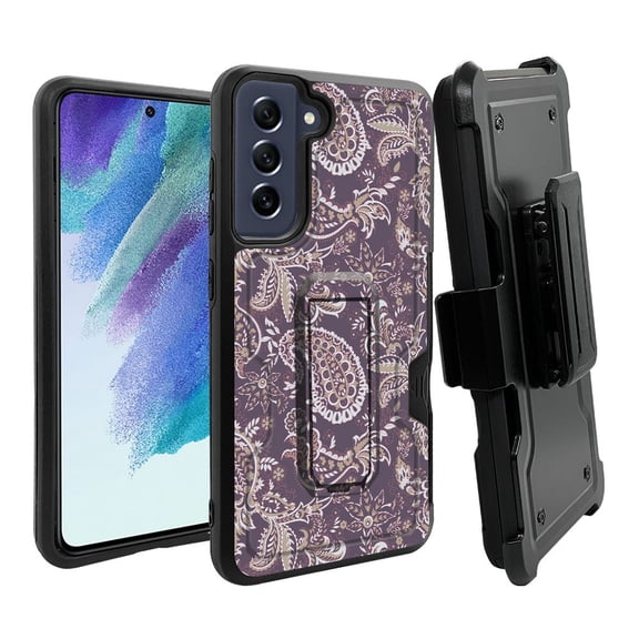 ANJ  Rugged Dual Layer Hybrid Holster Kickstand Case w/ Card Slot   Tempered Glass Cover for Samsung Galaxy S21 FE 5G - Classic Paisley