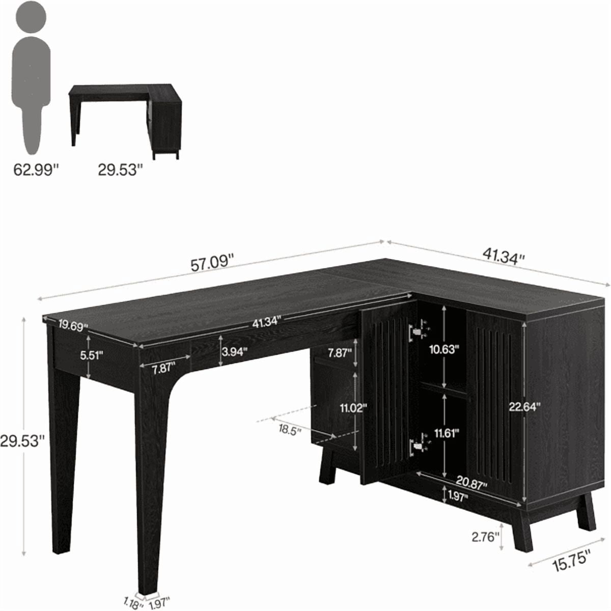 57-Inch L-Shaped Corner Desk - 41"W×19.6"D Work Surface, 2 Open Shelves & Lateral Cabinet - Modern Minimalist Design for Home Office
