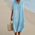 thumbnail image 6 of QUYUON Casual Summer Linen Dresses for Women V-Neck Short Sleeve Midi Dress Solid Color Loose Flowy A-Line Tunic Dress Mid-Length Dress Wedding Guest Evening Party Dress Style D-7117 Light Blue M, 6 of 6