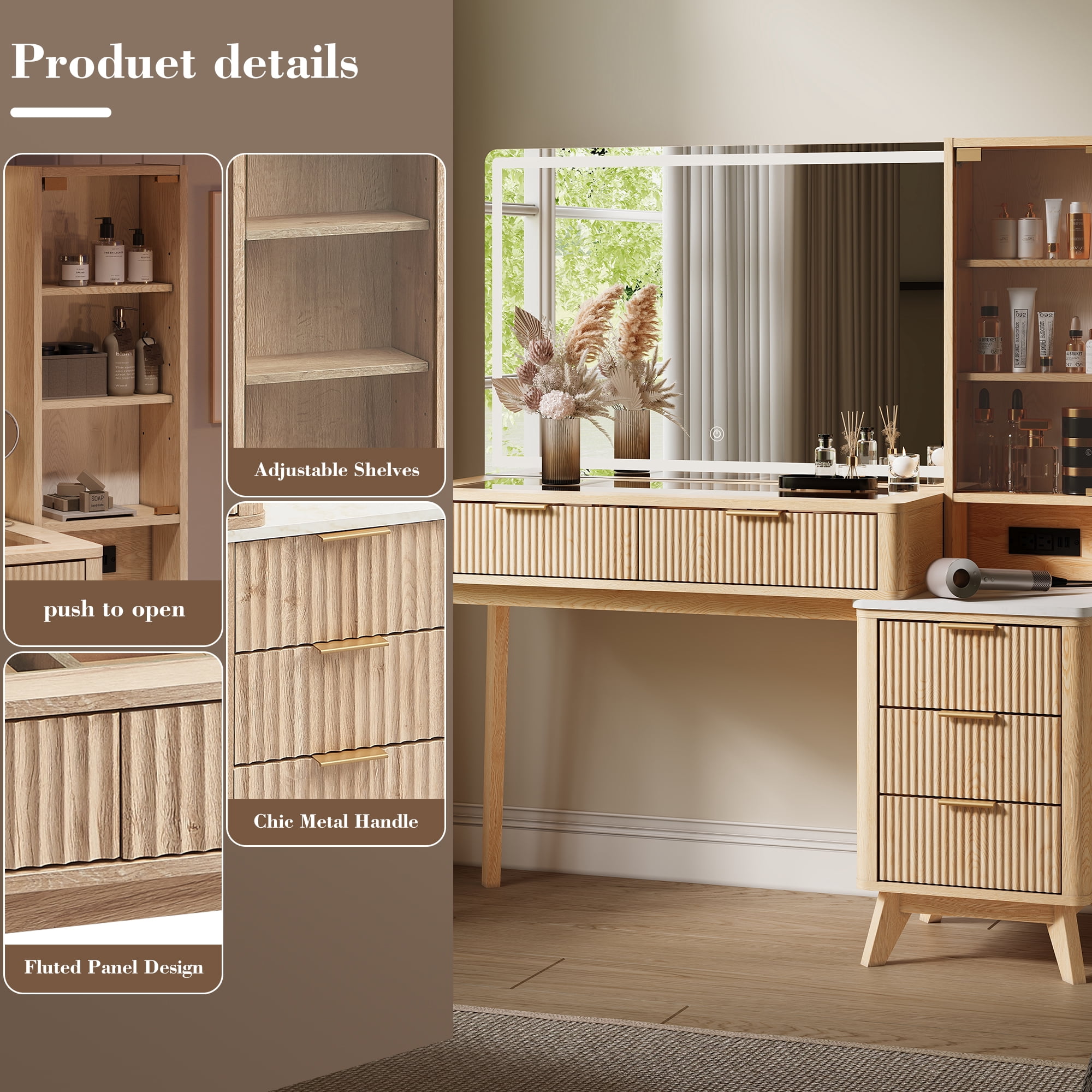 KeyWhat 48" Fluted Vanity Desk with 36" Mirror and Lights - Oak