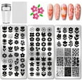 thumbnail image 1 of Juego de 3 placas para estampar uñas con diseño floral abstracto. Plantilla de acero inoxidable con imagen de planta para uñas. Incluye herramienta raspadora de silicona para estampar uñas., 1 of 7