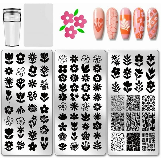 Juego de 3 placas para estampar uñas con diseño floral abstracto. Plantilla de acero inoxidable con imagen de planta para uñas. Incluye herramienta raspadora de silicona para estampar uñas.