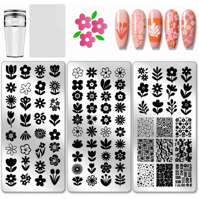 Juego de 3 placas para estampar uñas con diseño floral abstracto. Plantilla de acero inoxidable con imagen de planta para uñas. Incluye herramienta raspadora de silicona para estampar uñas.