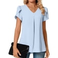 thumbnail image 2 of Women's Summer Tunic Tops Dressy Casual Chiffon Blouses Plus Size V Neck Short Sleeve T-Shirts Light Blue 2XL, 2 of 5