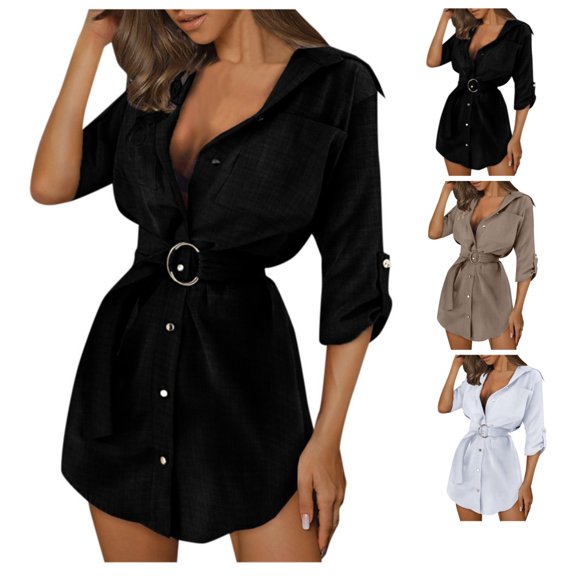 Women’s Trendy Shirt Roll Up Sleeve Button Down Shirt Dress Summer Curved Hem Business Casual Loose Belted Mini Dresses