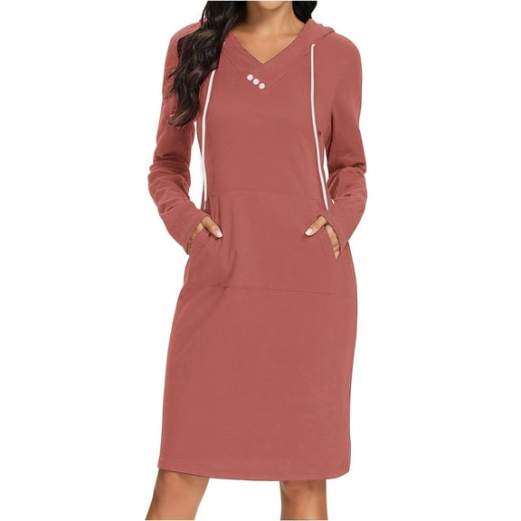 OSFVNOXV Long Sleeve Hooded Dress for Women Fall Winter Casual V-Neck Knee Length Dress with Pockets Loungewear Sleepwear
