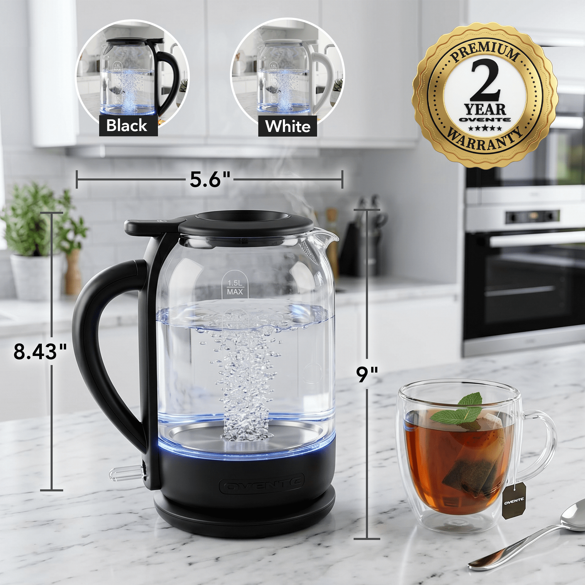 OVENTE Electric Kettle with 1.5L Borosilicate Glass, 1500W Fast Boiling Water Heater for Coffee or Tea, Easy to Fill Lid, Auto Shut-Off, Boil-Dry Protection & Stainless Steel Filter, Black KG516B
