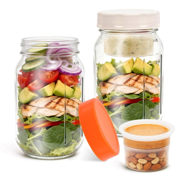 FUYGRCJ Glass Salad Jars with Dressing Cup, 2 Pack - 27oz Leakproof Meal Prep Containers for Lunch
