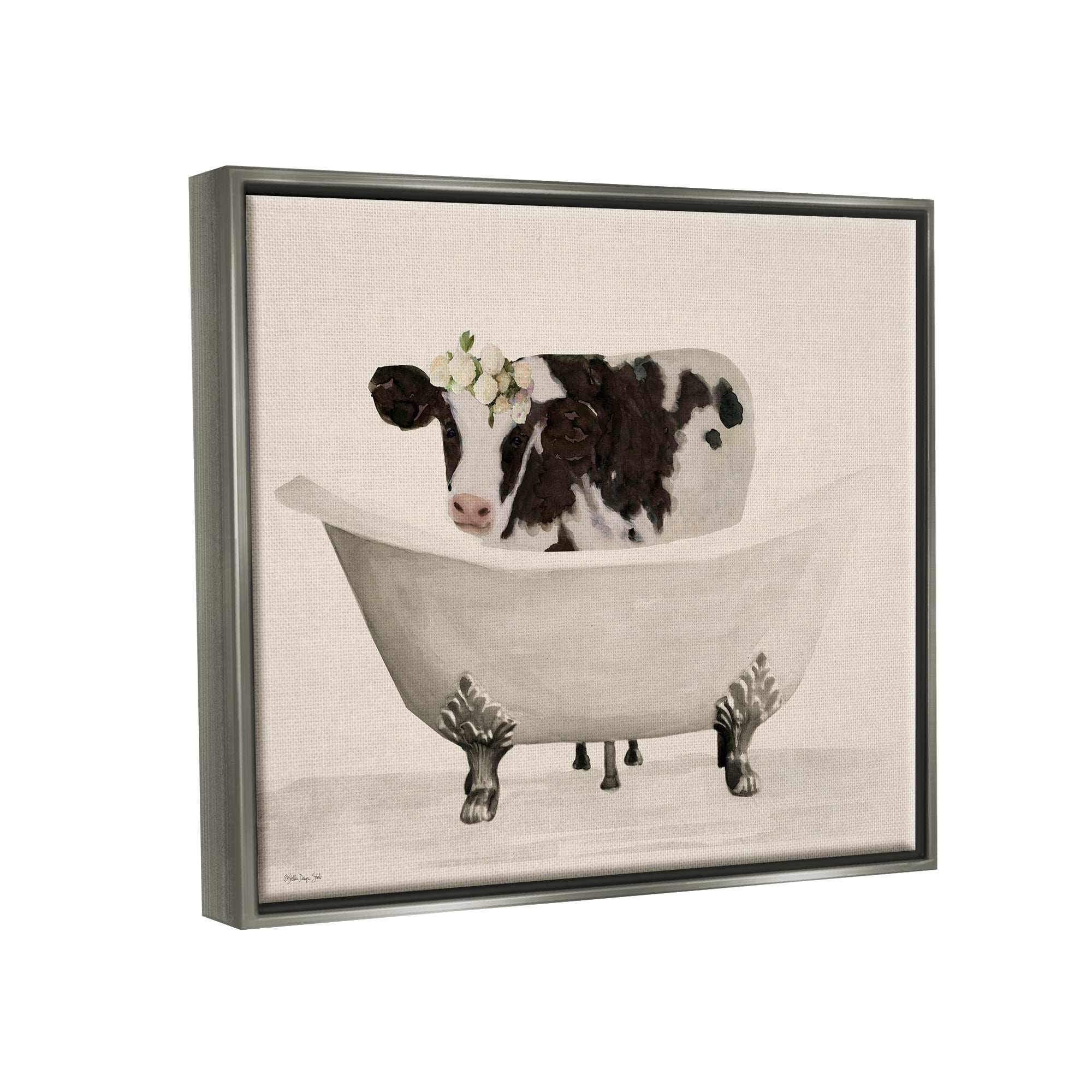 Stupell Industries Antique Bathtub Cow Animals & Insects Painting Gray Floater Framed Art Print Wall Art, 31 x 25