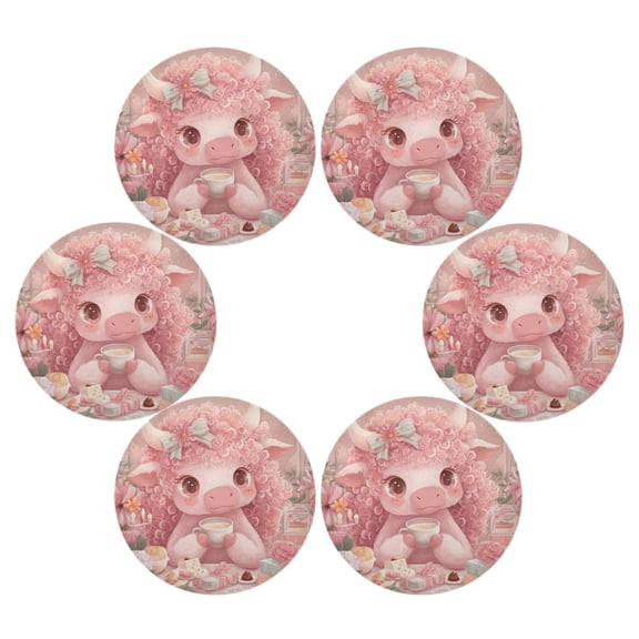 Round Placemats Set of 6 Heat Resistant Washable Kitchen Table Decorations 15.4in Cute Little Pink Cow