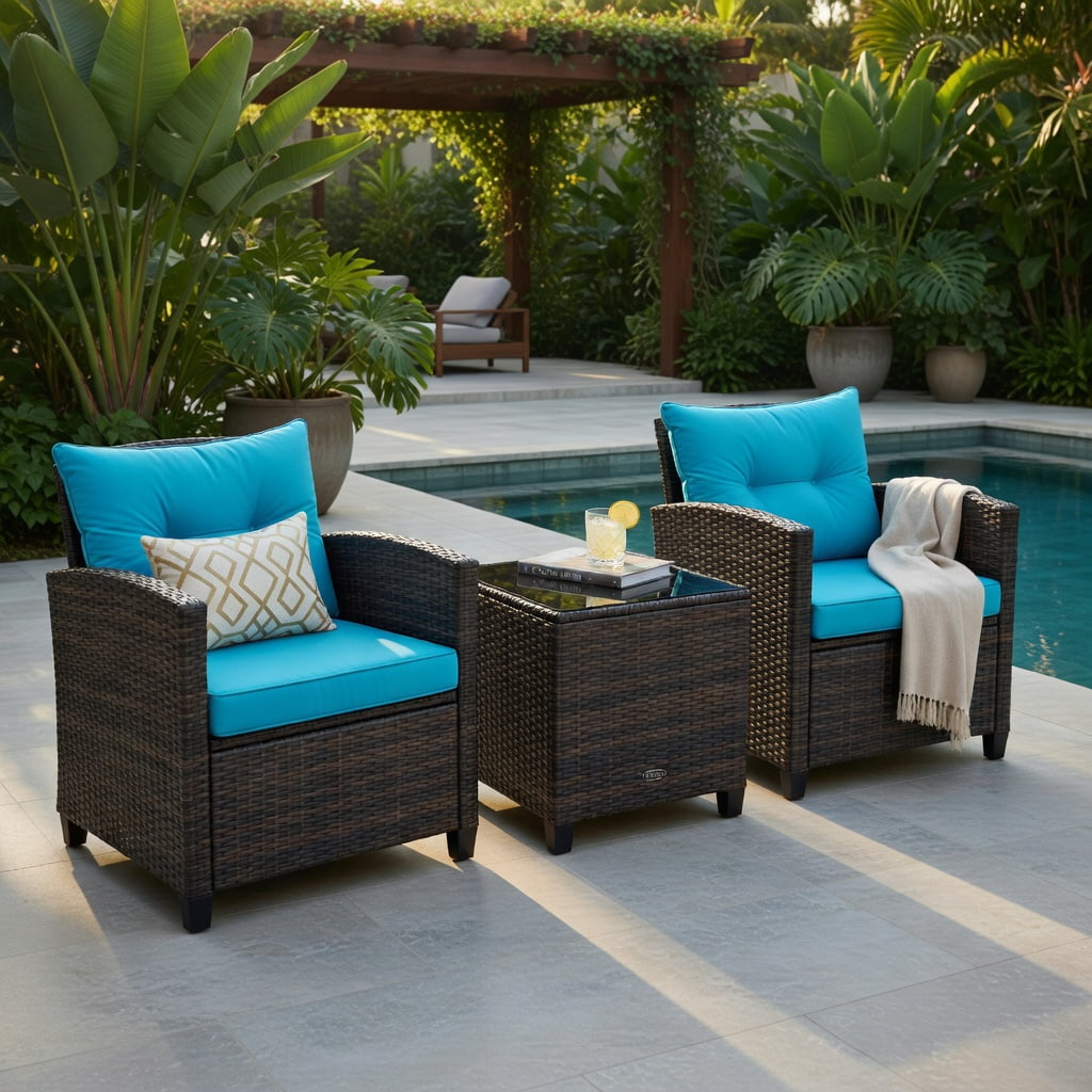 Hommoo 3-Piece Outdoor Rattan Patio Furniture Set with Cushions, Wicker Sofa & Coffee Table for Garden, Poolside, or Deck, Turquoise