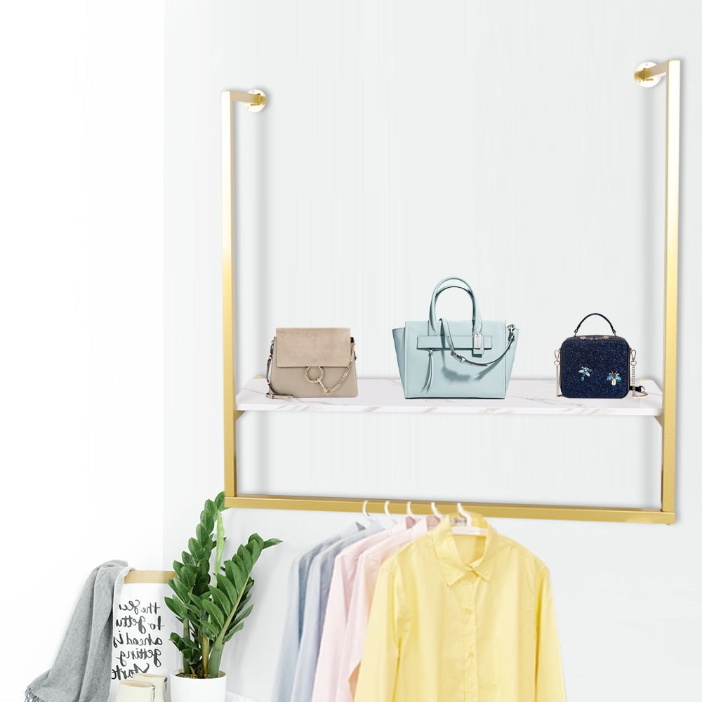 Miumaeov Gold Wall Mounted Metal Clothes Rack with Shelf Coat Hanger F