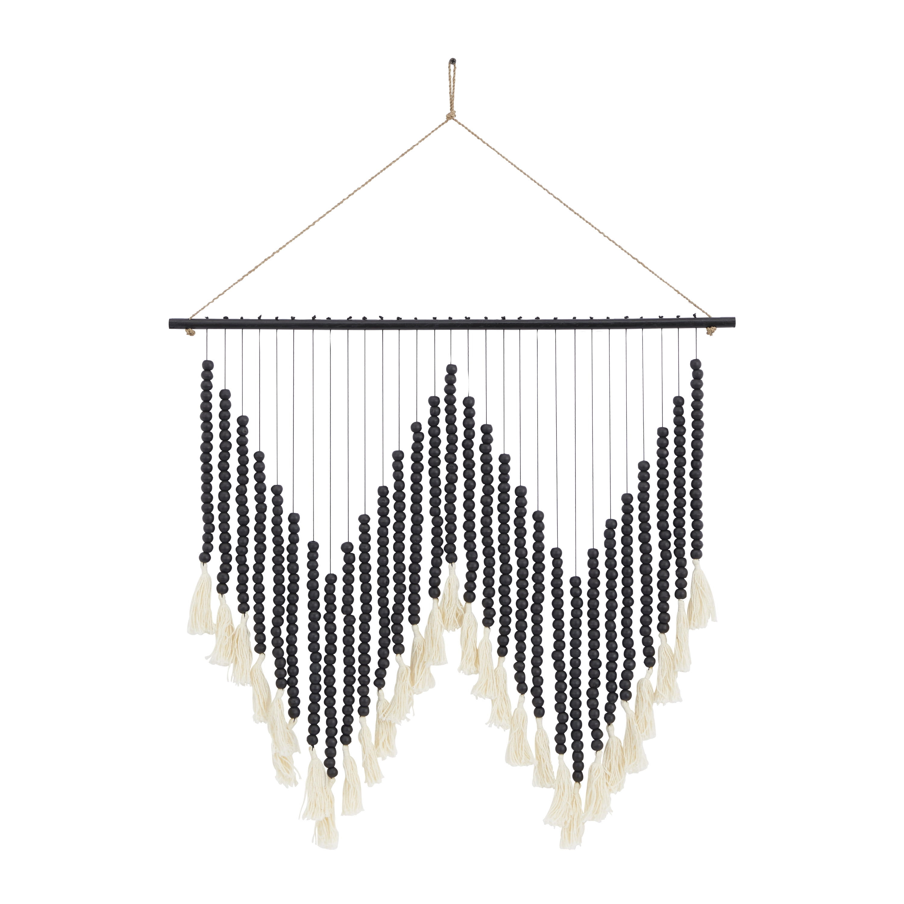 CosmoLiving by Cosmopolitan Black Wood Macrame Handmade Beaded Home Wall Decor with Fringe Tassels, 26" x 1" x 35"