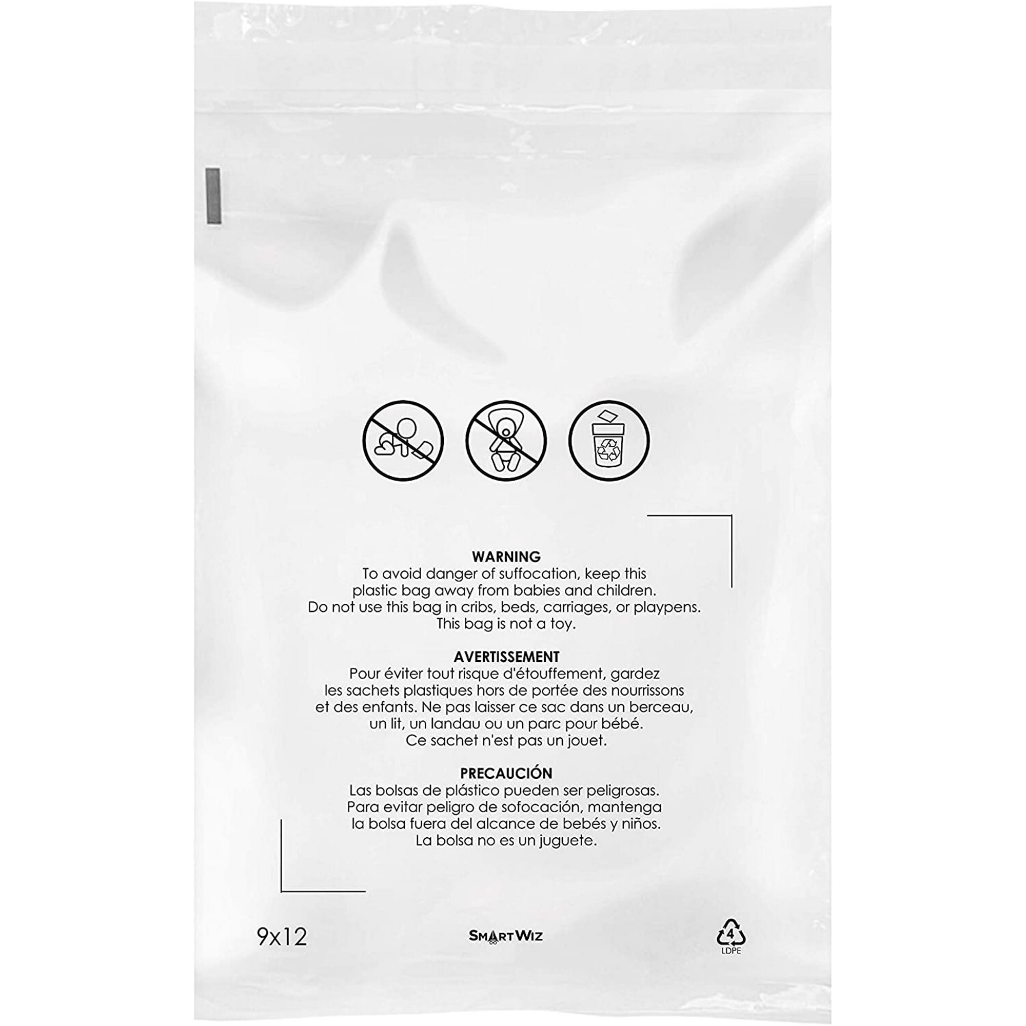 Clear Poly Bags 100pcs (9x12 in), with Suffocation Warning, Permanent Self Seal, Thick Plastic, for Shipping, Packaging